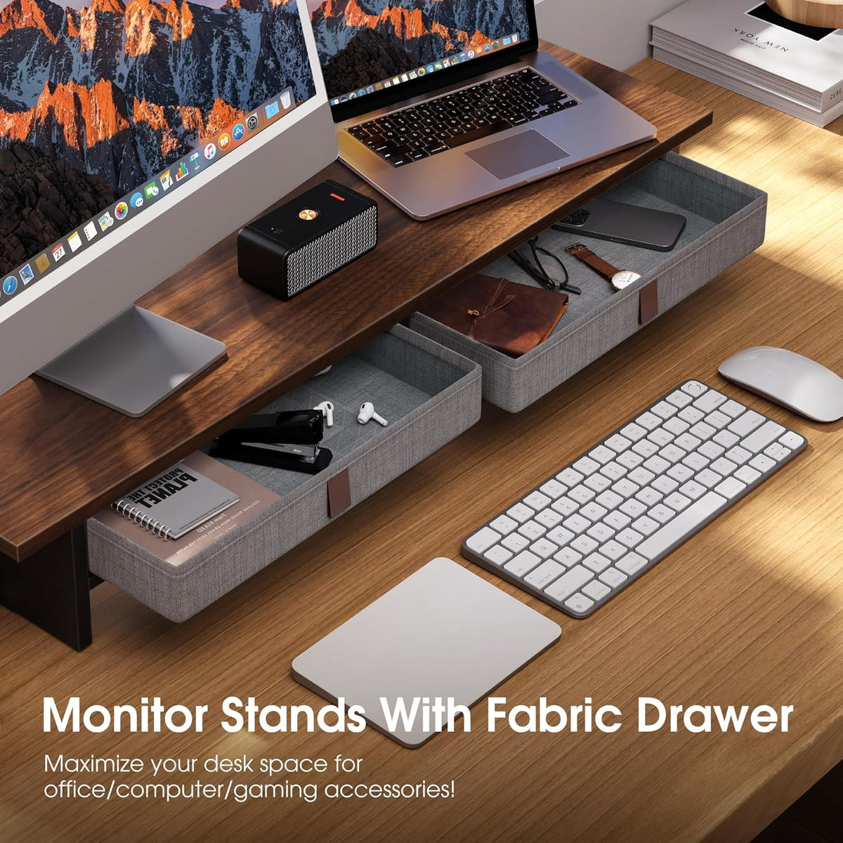Fenge Monitor Stand with Drawer, 2 Tiers Dual Monitor Riser for Desk, 35 Inch Computer Stand for 2 Monitors, Desk Shelf for Home, Office, Laptop, PC, TV, Printer
