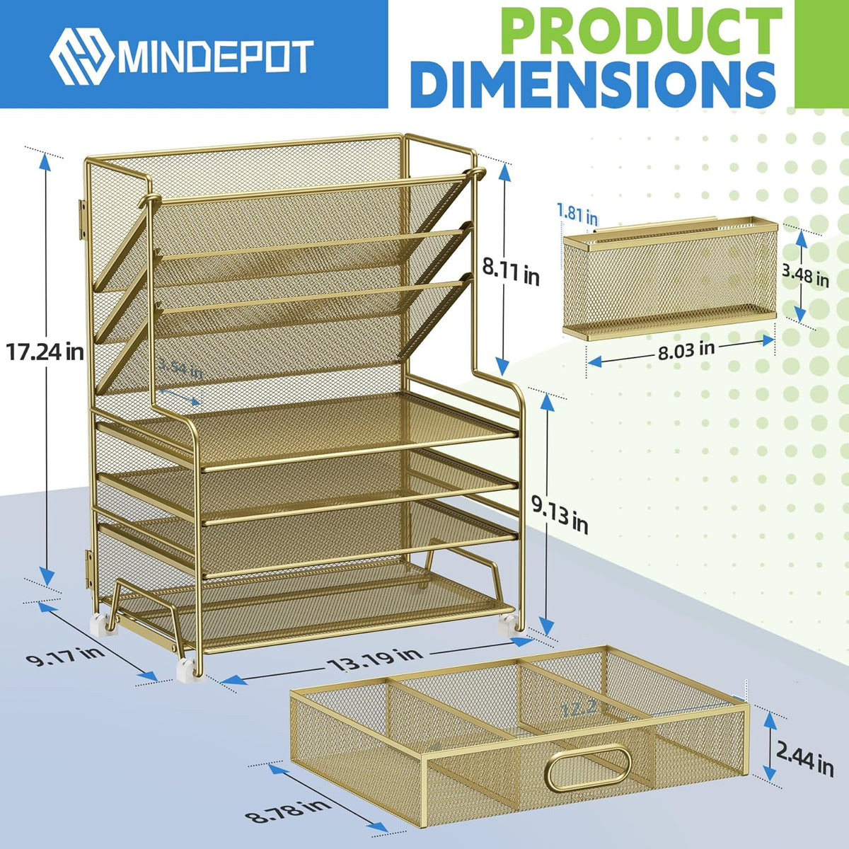 4-Tier Paper Organizer + 3-Pocket File Holder + Drawer + Pen Holders, Desktop File Organizers Paper Tray for Office Supplies School Classroom Organization (Gold, with Drawer & Pen Holder)