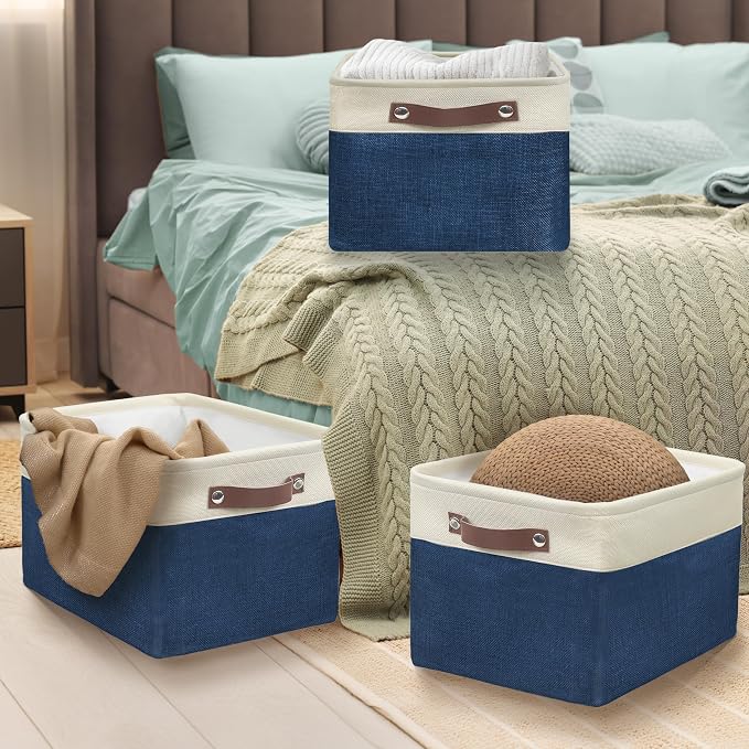 SIMPLE HOUSEWARE Large Fabric Storage Bin, 3 Pack, Steel Blue