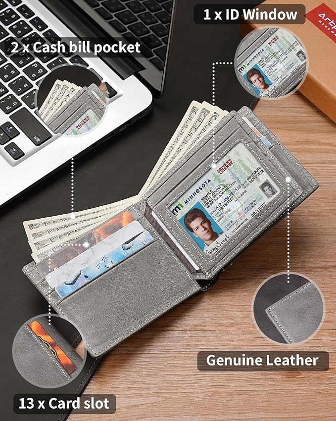 Mens Wallet Bifold Genuine Leather RFID Blocking Wallet
