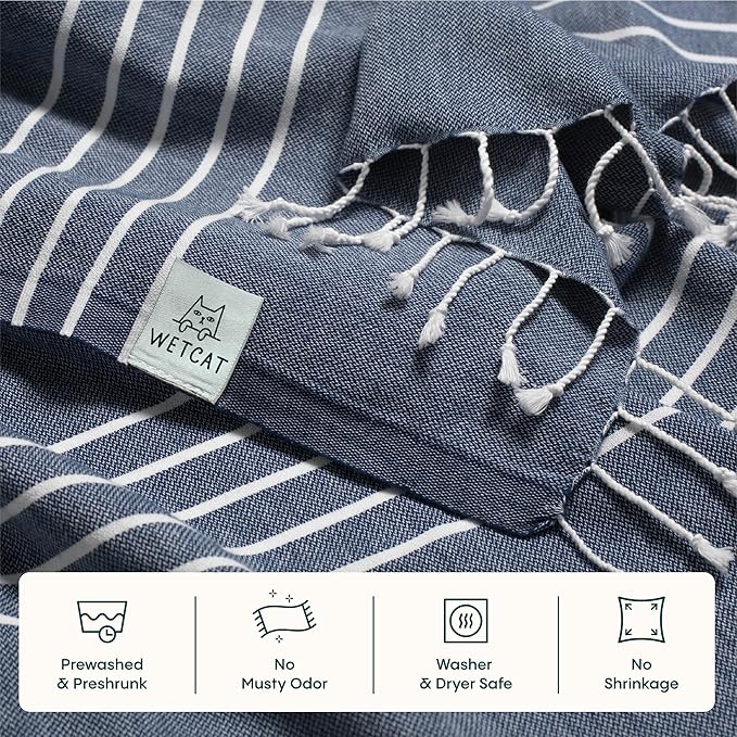 WETCAT Turkish Beach Towel Oversized (38"x71") 100% Turkish Cotton, Made in Turkey - Sand Free, Extra Large, Ultra Soft, Quick Drying, Compact & Lightweight for Travel - Navy Blue