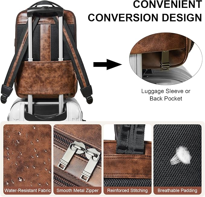 Vegan Leather Laptop Backpack for Women&Men, 16 Inch Expandable Backpack