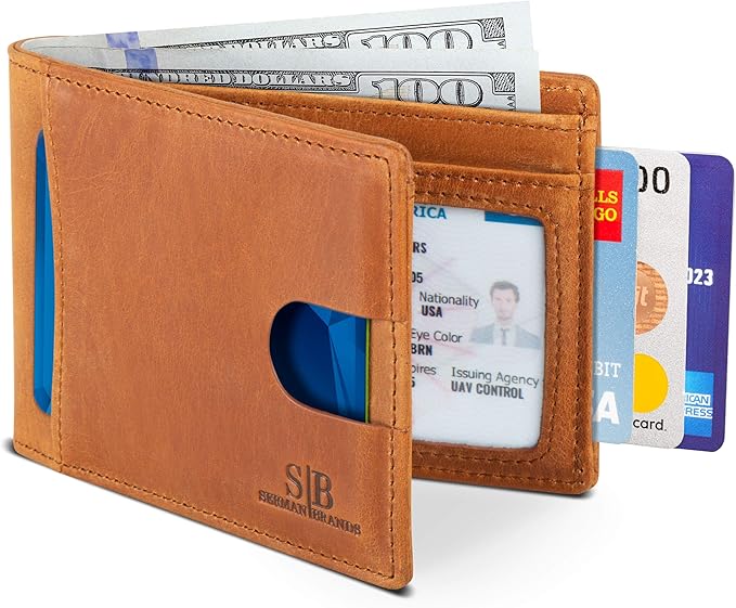 SERMAN BRANDS RFID Blocking Slim Bifold Genuine Leather Thin Minimalist Front