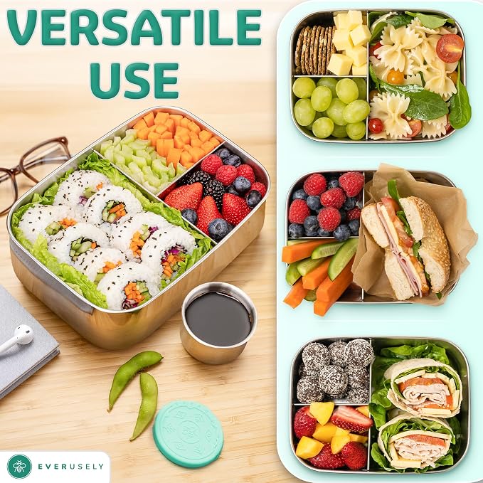 Everusely - Bento Box - Green, 60oz / 1.8 L - Stainless Steel Lunch Box - 3