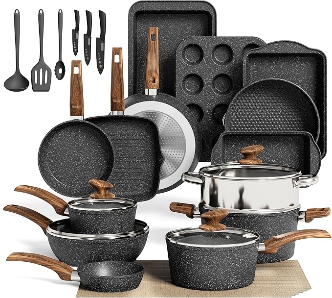 MAISON ARTS 30 Piece Pots and Pans Set Non Stick, Kitchen Cookware & Bakeware