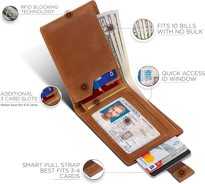 SERMAN BRANDS RFID Blocking Slim Bifold Genuine Leather Thin Minimalist Front
