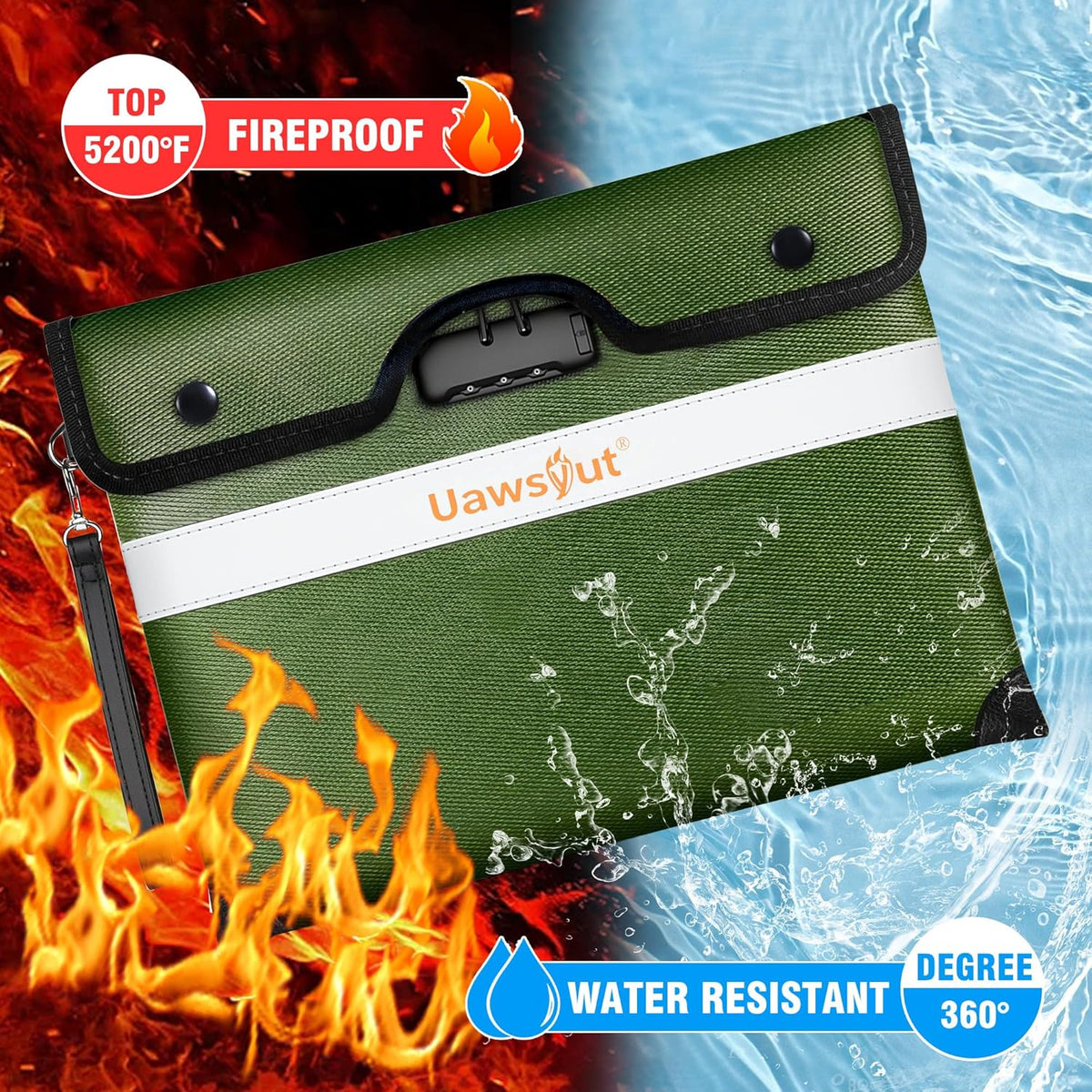 5200℉ Fireproof Document Bag with Lock, Portable Money Bag with Zipper Closure, Waterproof Envelope with Reflective Strip for A4 Letter, Tablet, Valuables, Cash and Passport(14.3"x11.2", Green)