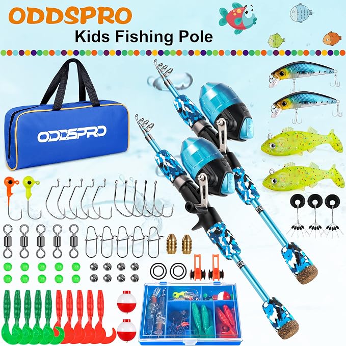 ODDSPRO Kids Fishing Pole Pink, Portable Telescopic Fishing Rod and Reel Combo