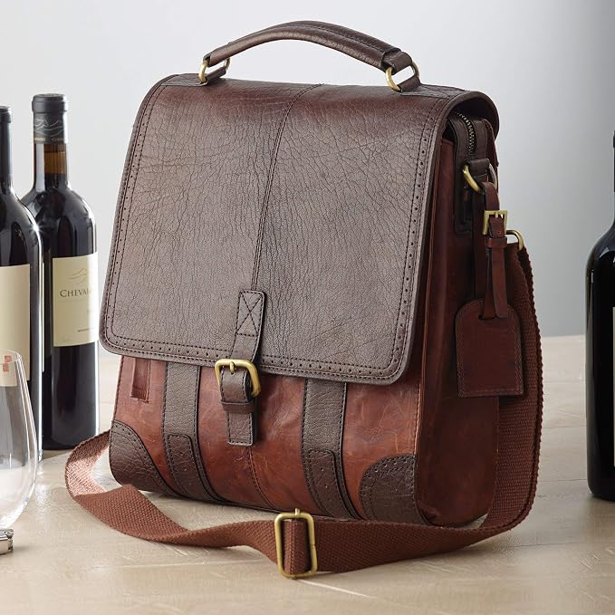 Wine Enthusiast 3-Bottle Leather Wine Tote Bag | Handcrafted Leather Wine