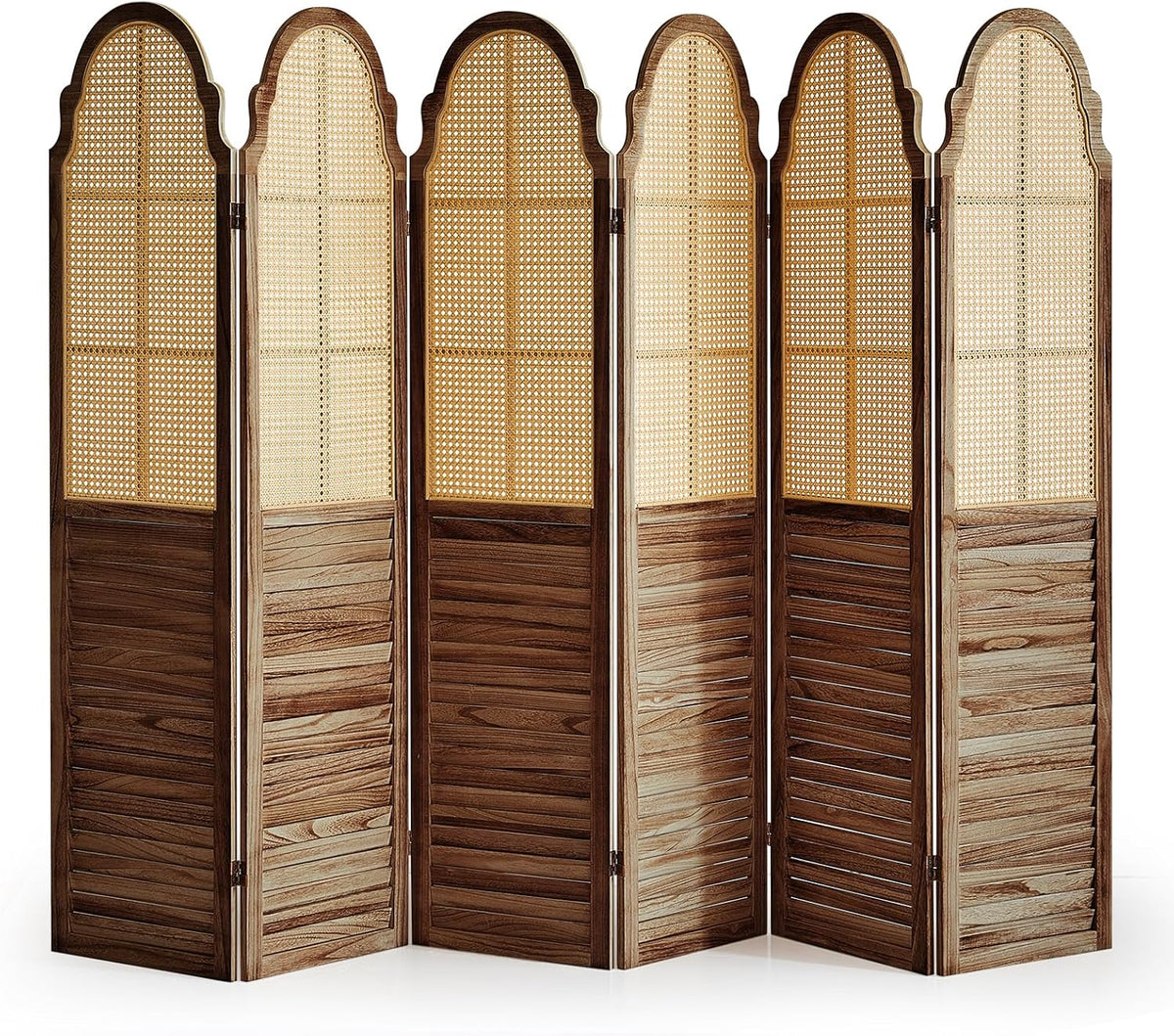 6 Panel Rattan Folding Screen Room Divider, Privacy Dividers for Rooms, Louvered Partition Dividers, Room Divider Panel for Bedroom, Dressing Room, Balcony, Dark Brown