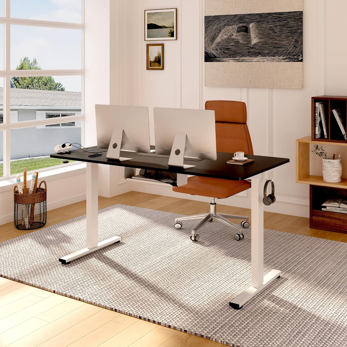 FLEXISPOT EN2 Whole-Piece Standing Desk with Clamp Power Strip, 40 x 24 Electric Stand Up Height Adjustable Desk with Cable Management (White Frame + 40" Black Desktop, 2 Packages)