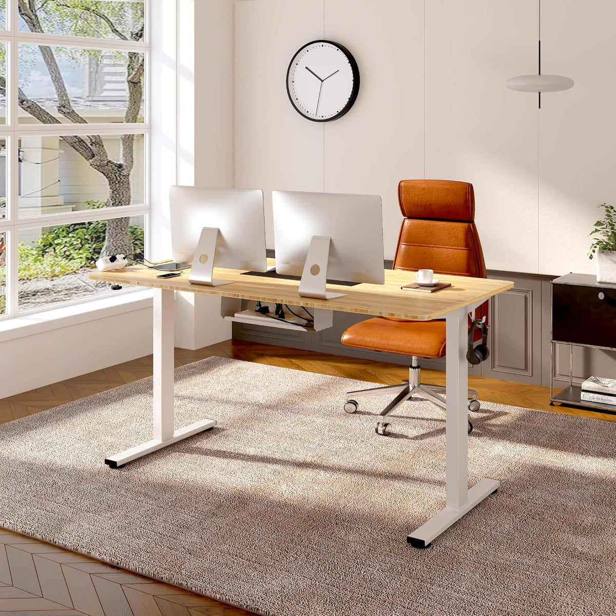 FLEXISPOT EN2 Whole-Piece Bamboo Standing Desk Clamp Power Strip, 55 x 28 Electric Stand Up Height Adjustable Desk with Cable Management (Grey Frame + 55" Bamboo Top, 2 Packages)