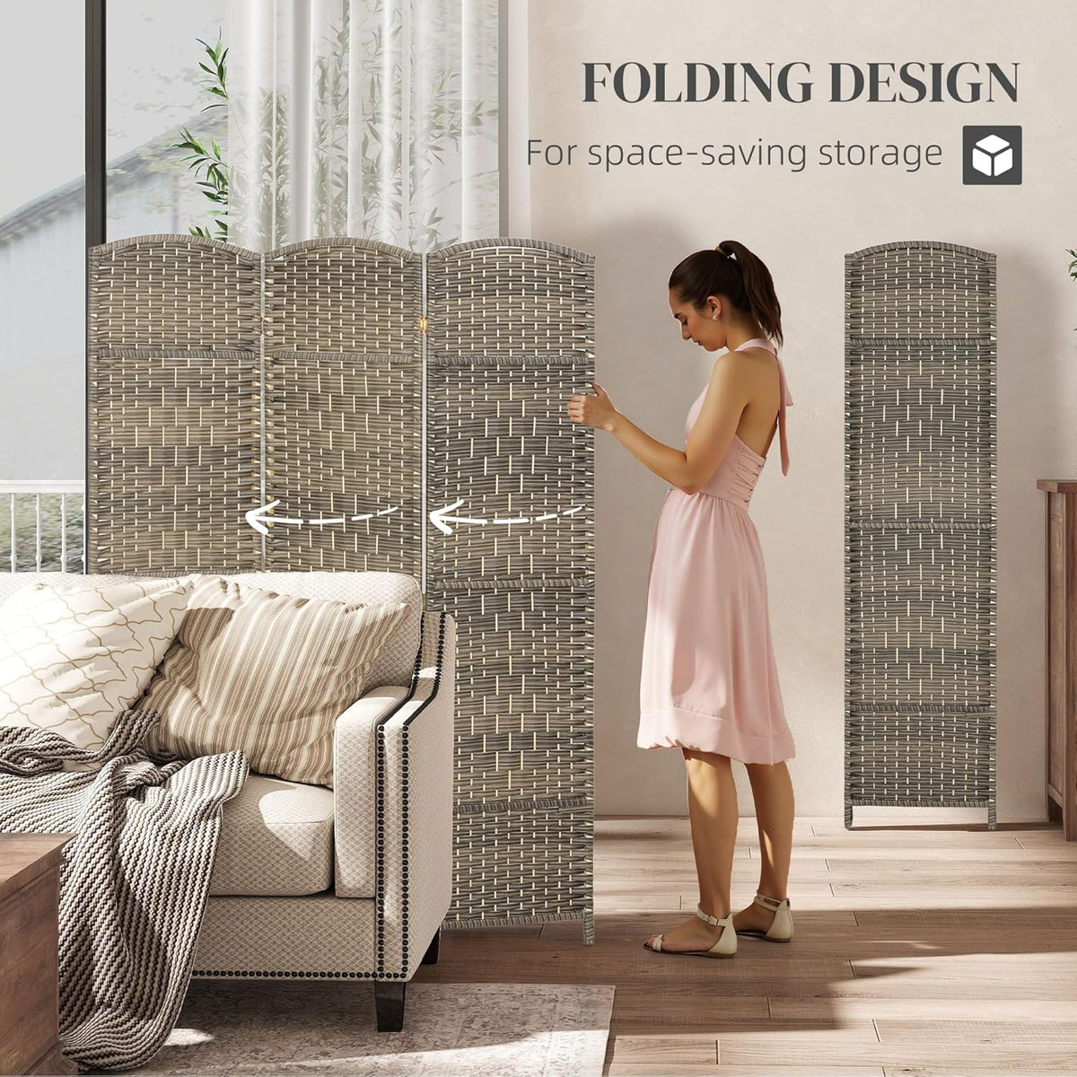HOMCOM 3 Panel Room Divider, 6' Tall Folding Privacy Screen, Hand-Woven Freestanding Wall Partition for Home Office, Bedroom, Dark Rustic Oak