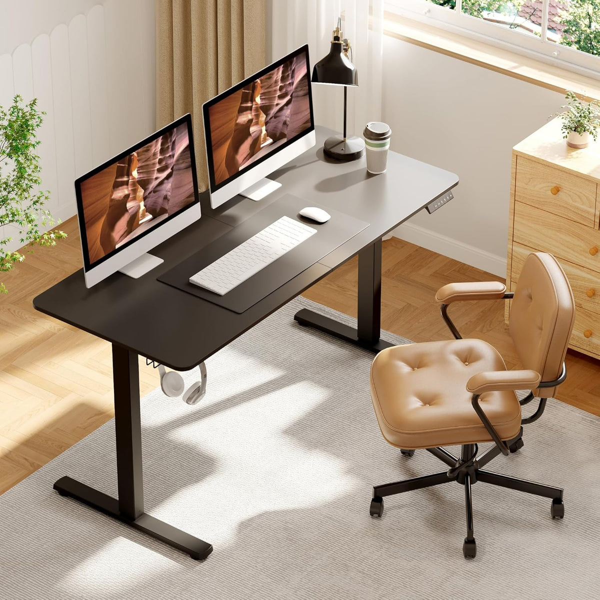 Adjustable Stand Up Desk with Memory Preset, Standing Desks 55 x 24 Inch Electric Home Office Desk Computer Workstation Splice Black Top + Black Frame