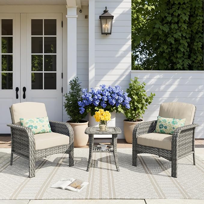 HOOOWOOO Patio Furniture Set, 3 Pieces Outdoor Conversation Set, All Weather