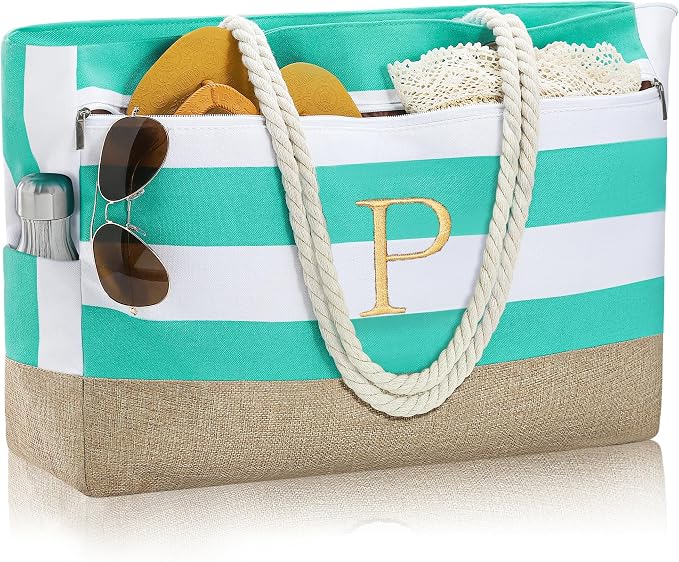 YOOLIFE Large Initial Beach Bag Waterproof Tote Zipper Bag Personalized Gifts