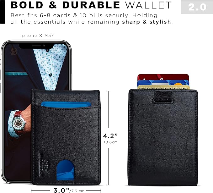 SERMAN BRANDS RFID Blocking Slim Bifold Genuine Leather Thin Minimalist Front