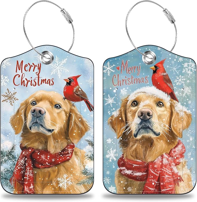 Christmas Dog and Red Cardinal Bird Set of 2 Luggage Tags