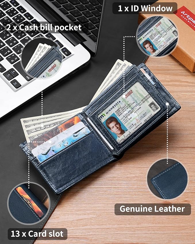 Mens Wallet Bifold Genuine Leather RFID Blocking Wallet