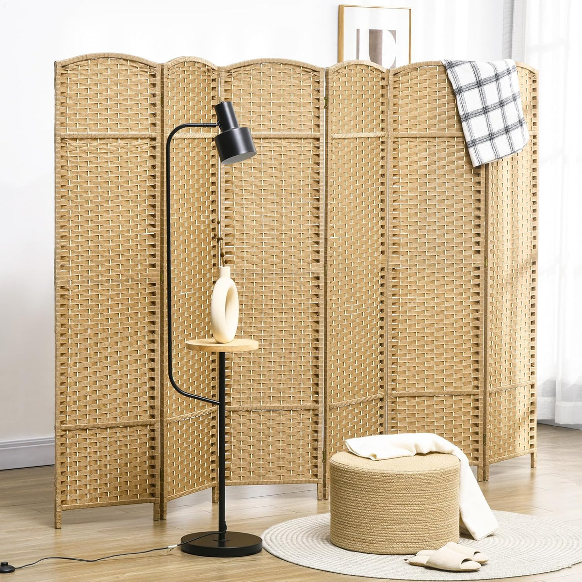 HOMCOM Room Divider, 6 Panel Folding Privacy Screen, 5.6' Tall Freestanding Wall Partition for Home Office, Bedroom, Nature Wood