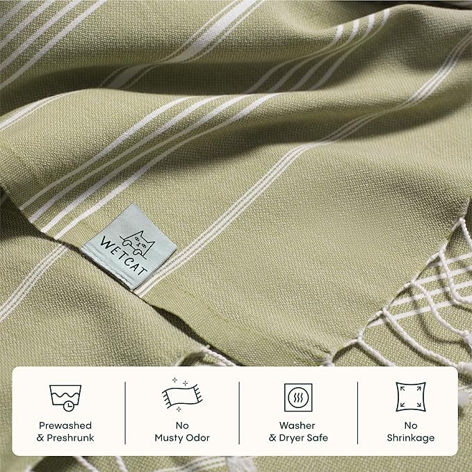 WETCAT Turkish Beach Towel Oversized (38"x71") 100% Turkish Cotton, Made in Turkey - Sand Free, Extra Large, Ultra Soft, Quick Drying, Compact & Lightweight for Travel - Sage Green