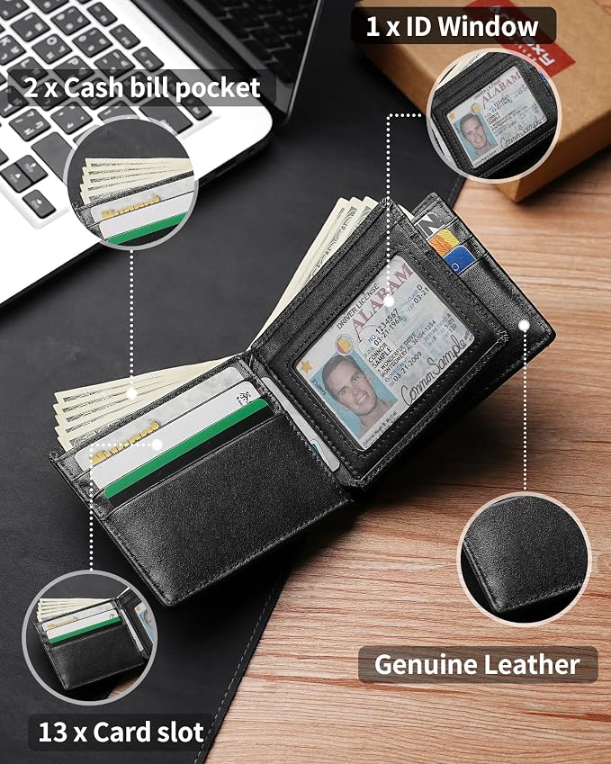 Mens Wallet Genuine Leather Bifold RFID Blocking Wallet