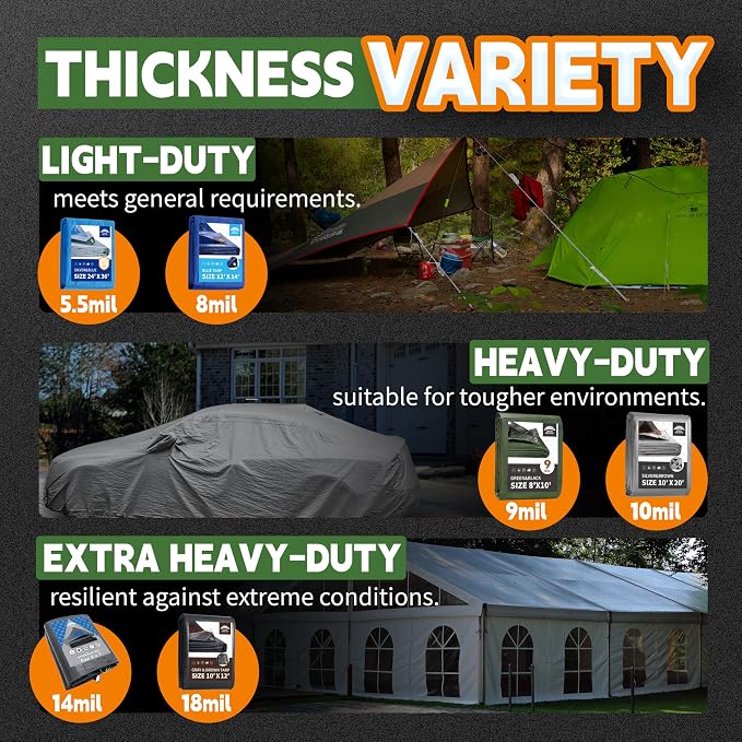 12x12 Feet Tarp Waterproof, 9Mil Thick, Finished Size Tarps, UV Resistant