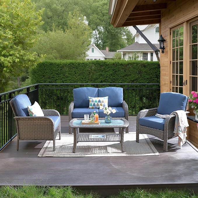 HOOOWOOO Patio Furniture Set, 4 Pieces Outdoor Conversation Set, All Weather