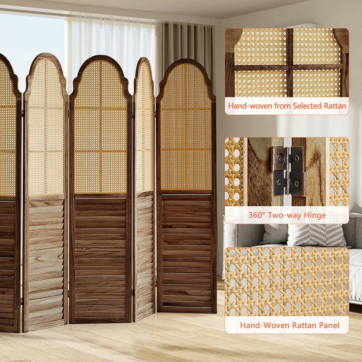 6 Panel Rattan Folding Screen Room Divider, Privacy Dividers for Rooms, Louvered Partition Dividers, Room Divider Panel for Bedroom, Dressing Room, Balcony, Dark Brown