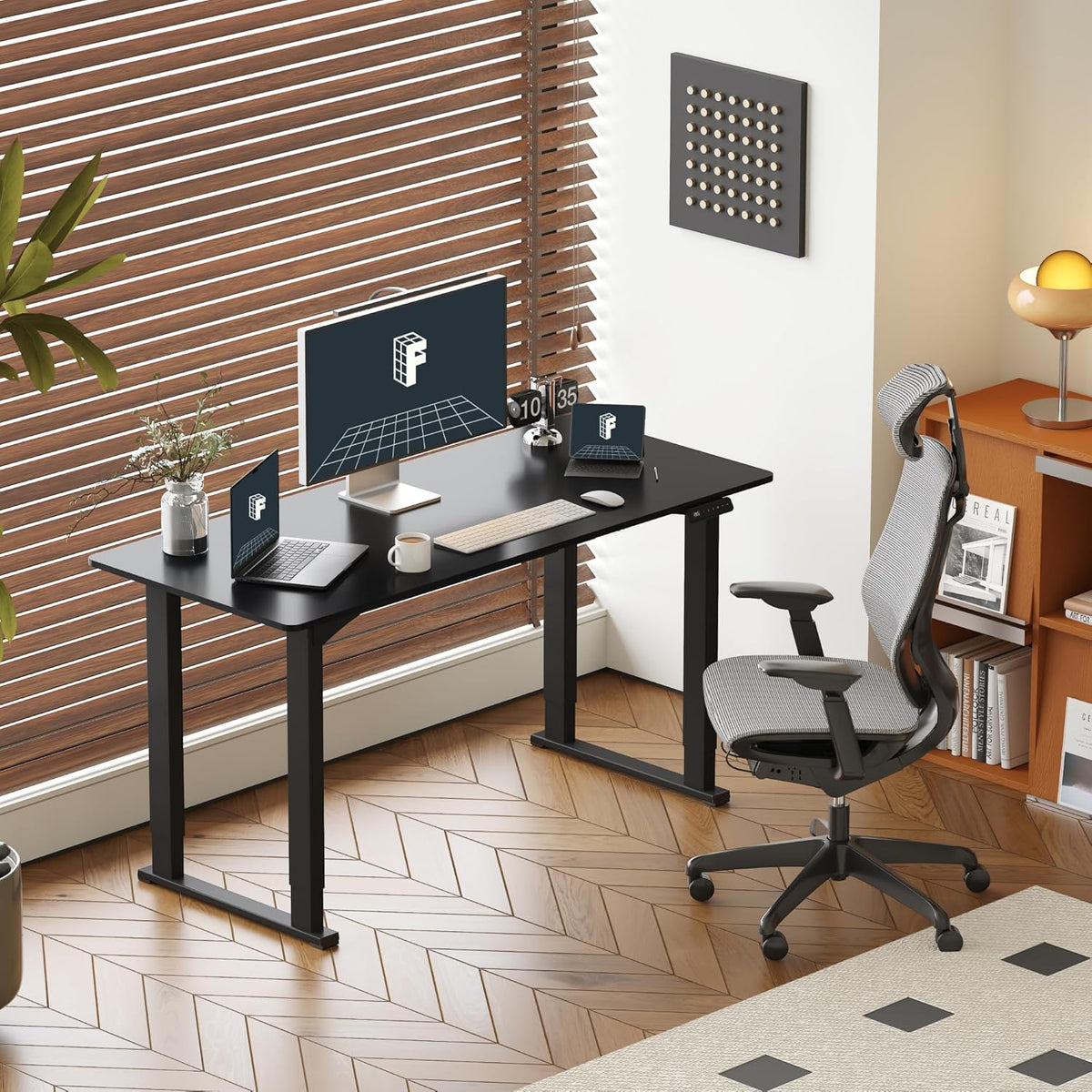 FLEXISPOT 4 Legs Standing Desk 63 x 28 Inch Electric Adjustable Height with Splice Board Home Office Sit Stand Up Desk, Black Top + Black Frame