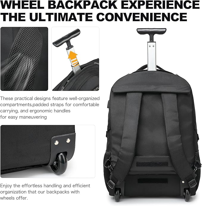 Boavan Wheeled Backpack, 18.4 inch Water Resistant Rolling Backpack, Carry on