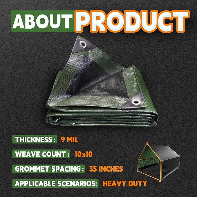 16x20 Feet Tarp Waterproof, 9Mil Thick, Finished Size Tarps, UV Resistant