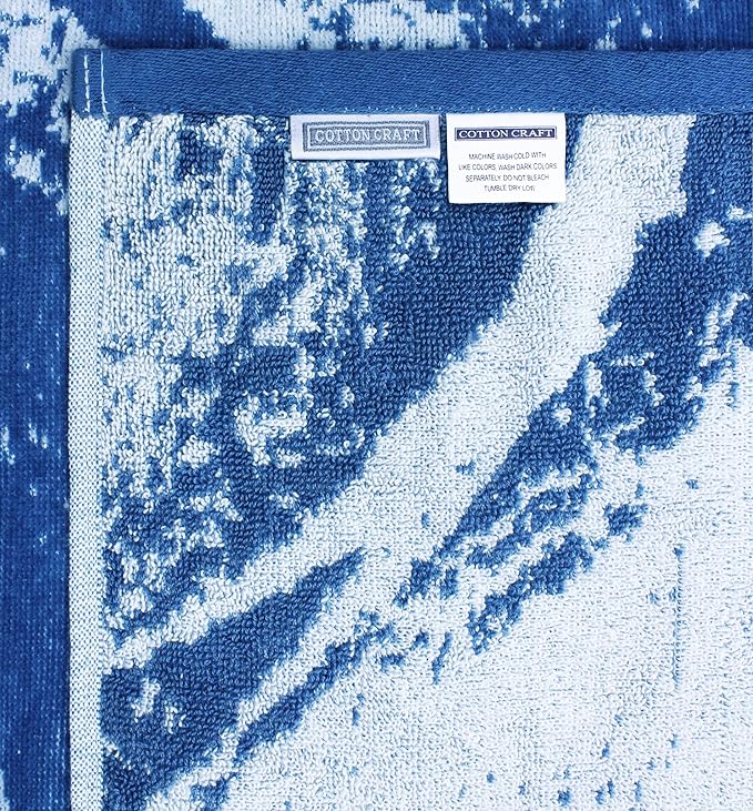 COTTON CRAFT Hooded Beach Towel – Oversized 35 x 70 Towel with Hood for Adults - Summer Wave - 100% Cotton Velour Terry Jacquard Towel - Pool Bath Wrap - 450 GSM - Soft Absorbent Quick Dry – Blue
