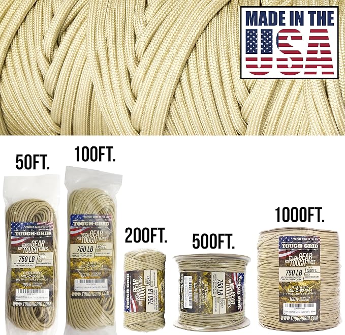 TOUGH-GRID 750 Paracord Rope Nylon Parachute Cord, Made in USA Survival Kit
