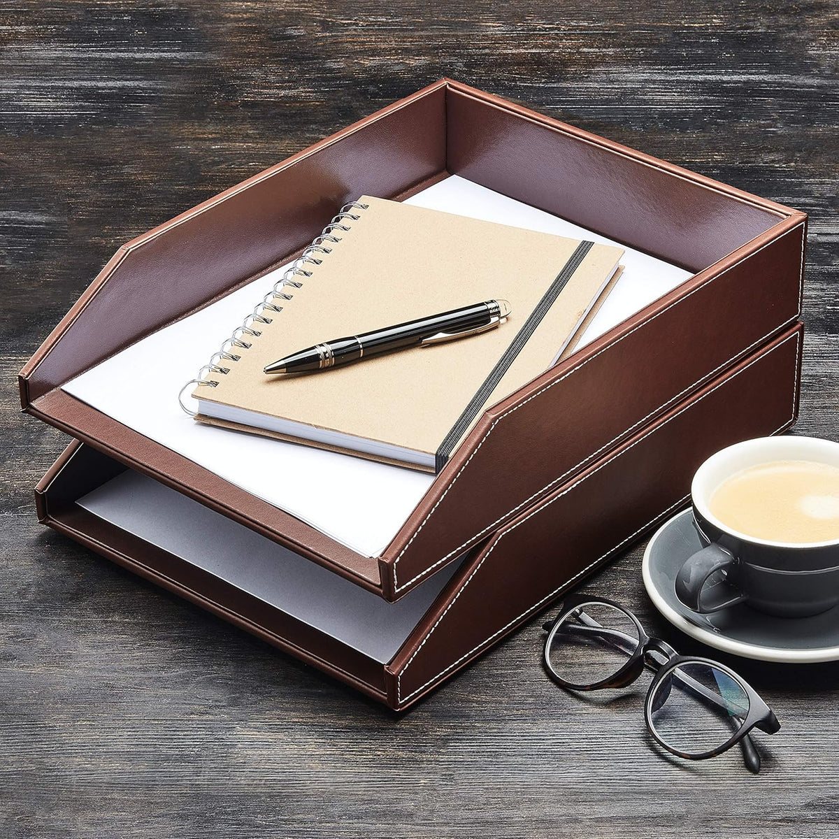 Gallaway Leather Letter Tray Desk Organizer - Paper Tray for Desk,Premium PU Leather Tray Perfect for Office Organization, Document Holder Fits A4 Paper, Stackable Drawers for Extra Desk Storage.