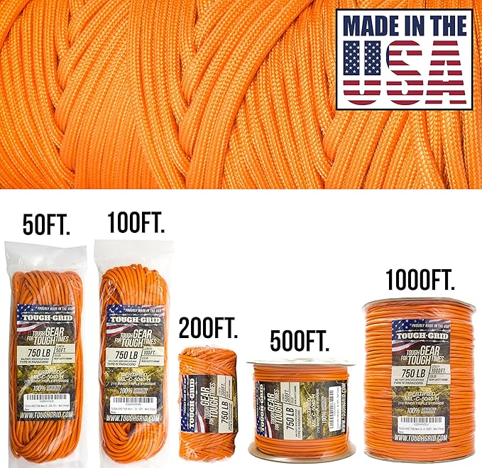 TOUGH-GRID 750 Paracord Rope Nylon Parachute Cord, Made in USA Survival Kit
